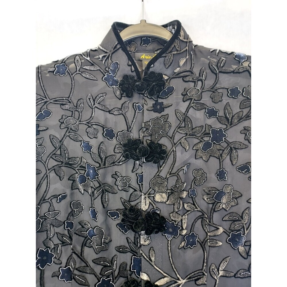 Anis A Velvet Burnout Blouse Women S Silk Floral Black Asian Inspired Frog Clasp - Picture 8 of 16